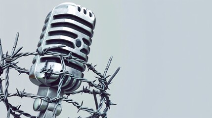 Concept of free expression: a microphone ensnared in barbed wire on a blank background, symbolizing an independent journalist's brand, suitable for web banners, flyers, and posters.