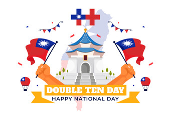 Happy Double Ten National Day Vector Illustration on October 10 with Taiwan Waving Flag and Balloons in a Holiday Flat Style Cartoon Background