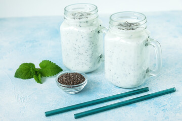 Tasty yogurt or smoothie with chia seeds, diet super food