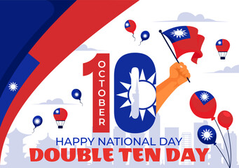 Happy Double Ten National Day Vector Illustration on October 10 with Taiwan Waving Flag and Balloons in a Holiday Flat Style Cartoon Background