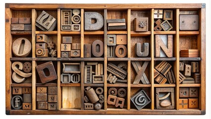 Assorted vintage metal letterpress type blocks in a wooden case, featuring a mix of serif and sans-serif fonts and uppercase and lowercase alphabet characters.