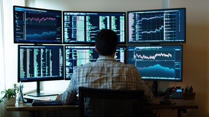 A man is sitting in front of a computer monitor with four screens. He is focused on the screens and he is working on something important