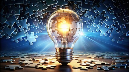 Breakthrough concept illustration featuring puzzle pieces falling into place, revealing a lightbulb moment, symbolizing innovative thinking and revolutionary change in a modern business landscape.