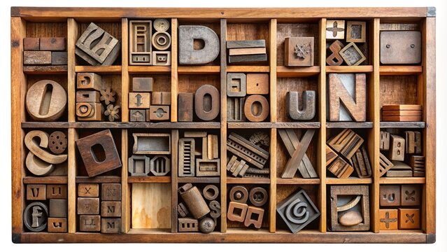 Assorted vintage metal letterpress type blocks in a wooden case, featuring a mix of serif and sans-serif fonts and uppercase and lowercase alphabet characters.