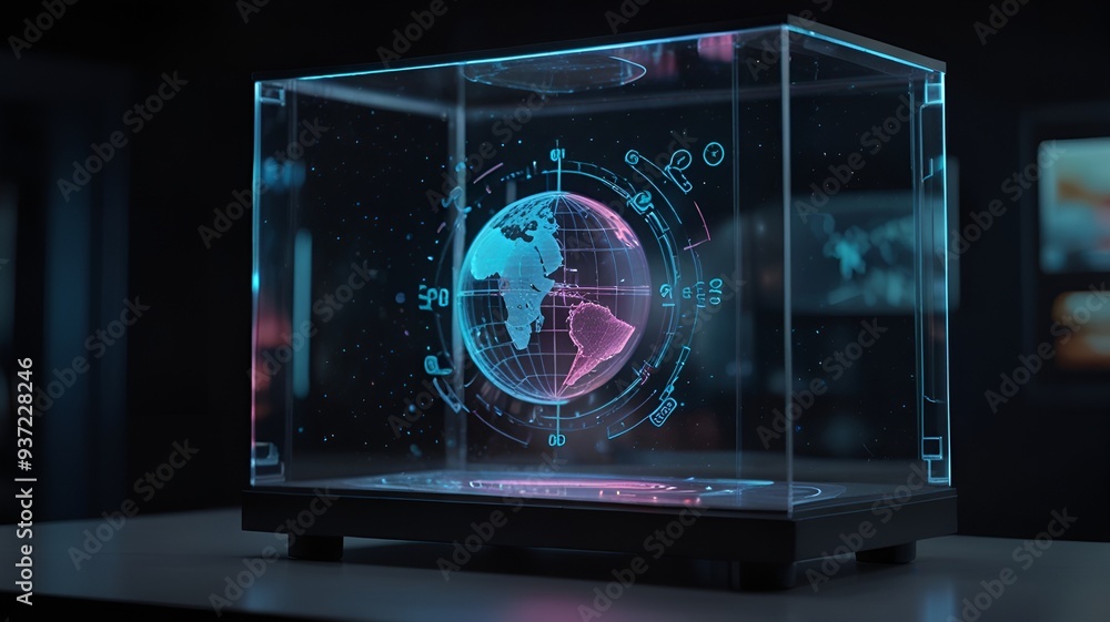 Poster a holographic display showcasing a 3d model of a new product or invention, allowing for interactive 