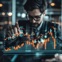 A man in a suit is pointing at a graph on a computer screen. The graph shows a downward trend, which could indicate a negative outcome or a loss