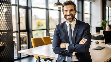 Fototapeta premium Confident Businessman in Suit Standing in Modern Office.