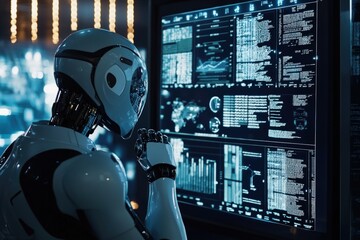 A robot is looking at a computer monitor with a lot of numbers and graphs on it. The robot appears to be analyzing the data on the screen