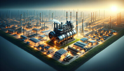 Photo Realistic as Electric generator and industrial site concept as An electric generator paired with an industrial site representing eco friendly power solutions in manufacturing processes ideal for