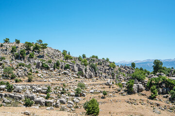 The area of conglomerates of rocks surrounding the ancient city of Selge in Antalya. The area...
