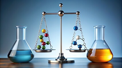 Chemical reaction diagram illustrating matter cannot be created or destroyed, only converted from one substance to another, balancing scales in the background.