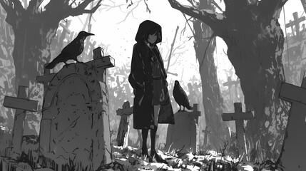 Horror Ambient Character in a Graveyard Black and White in Anime Manga Art Style Wallpaper