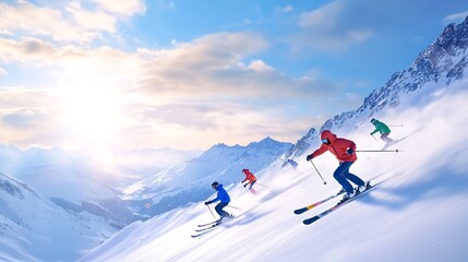 Group of Skiers Enjoying a Sunny Winter Day on a Snowy Mountain Slope