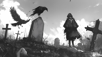Horror Ambient Character in a Graveyard Black and White in Anime Manga Art Style Wallpaper