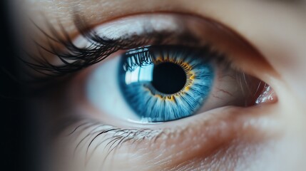 Naklejka premium Close-up photo of a human eye with blue iris on a light background