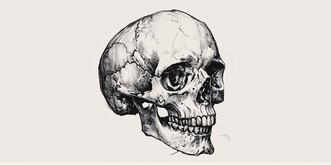 Hand-drawn monochrome skull artwork illustration.