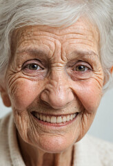 smirking grinning old woman with wrinkles and grey hair, good mood, smiling happily and contentedly, portrait face close-up, age 70-100, caucasian, in good health, fun and joy
