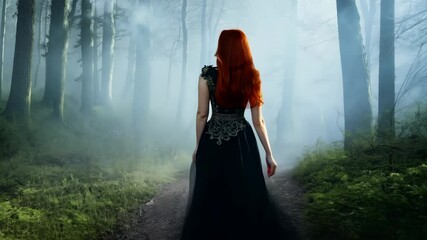 A mysterious scene of a woman with long red hair walking into a foggy forest, creating an atmosphere of intrigue and magic. - Powered by Adobe