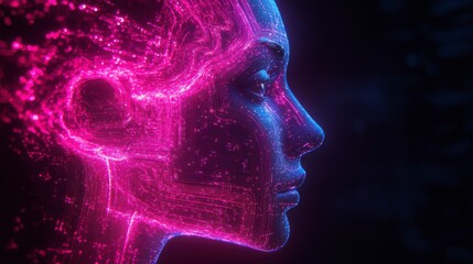 Neon-lit digital human head with circuitry, symbolizing AI and technology integration, dark background.