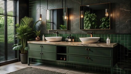 Modern Bathroom Interior with Green Tiles and Plants.