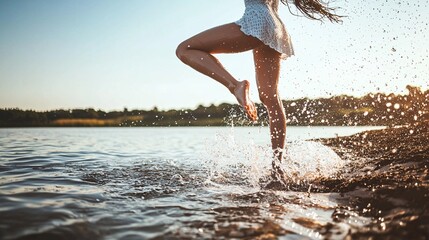 A close-up of a woman leaping into water without shoes.