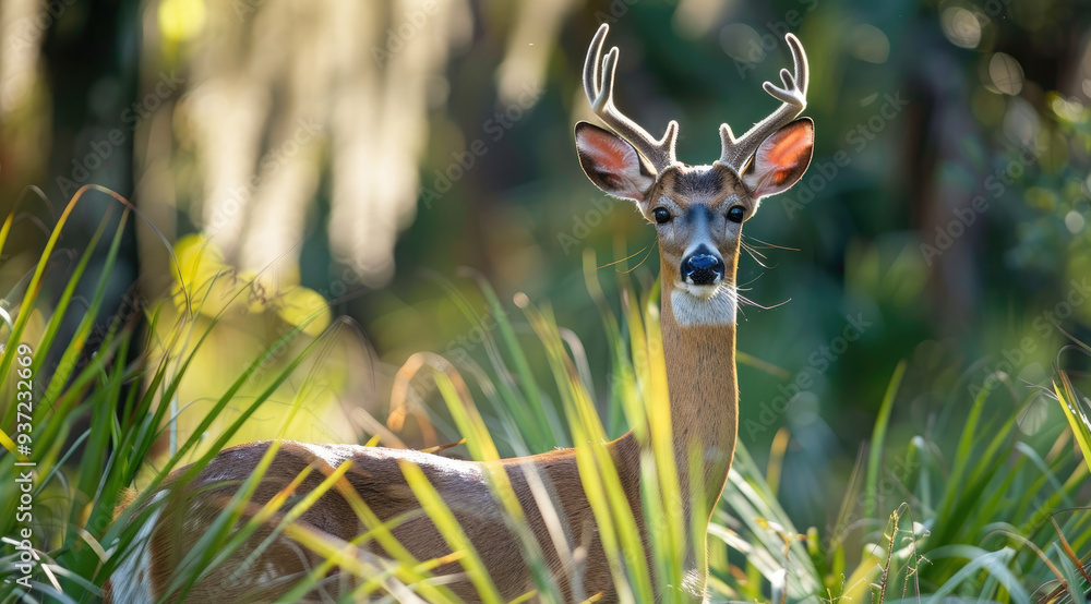 Wall mural a deer with antlers stands in tall grass near trees. the background is blurred to focus on the anima