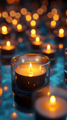 Multiple tea light candles arranged on a reflective surface. 