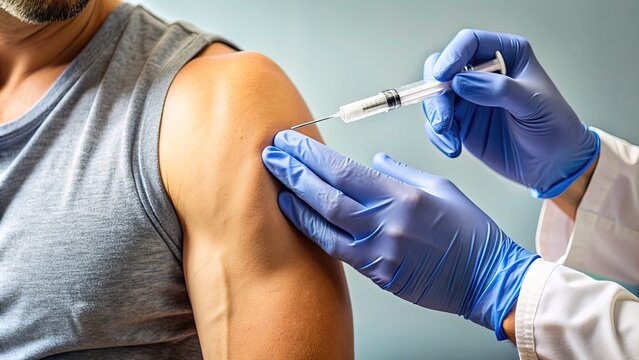Close-up of a syringe being inserted into the deltoid muscle of a shoulder, highlighting the administration of a vaccine or medication through injection.