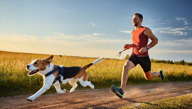 Canicross exercises. Man runs with his beagle dog at sunny morning. Healthy lifestyle concept