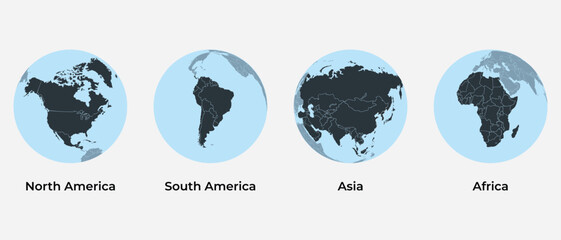 Earth map globe icon set with four continents vector design. Continents front facing Asia, Africa, North America, and South America  © MdJased