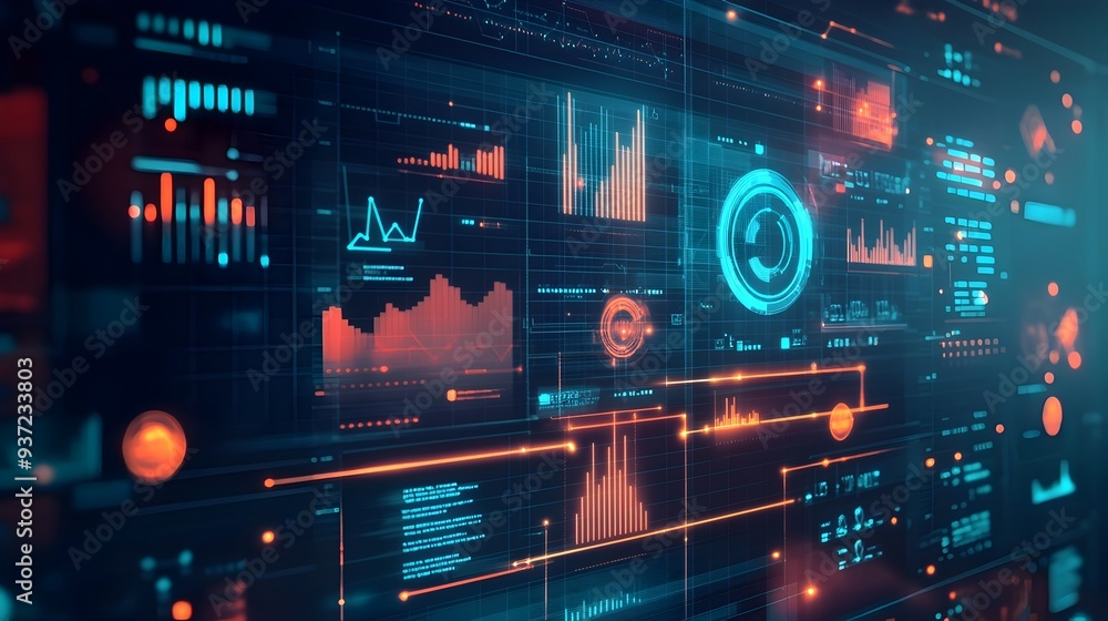 Poster digital marketing concept with icons charts and data visualizations displayed on a computer screen s