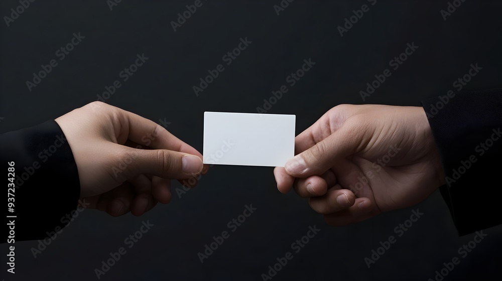 Poster closeup of two professionals exchanging business cards during a networking event or business meeting