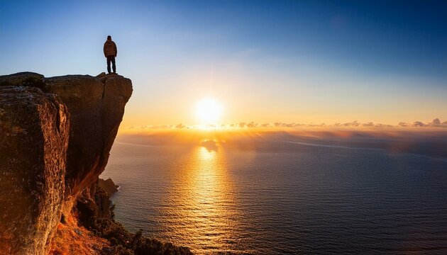 Man standing on top of cliff at sunset