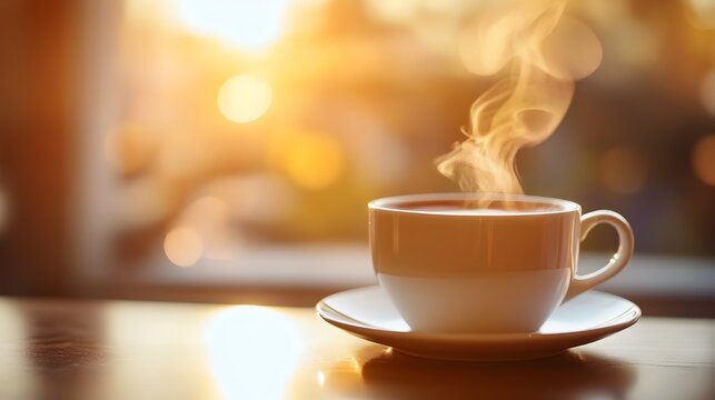 Closeup of a steaming hot cup of freshly brewed coffee resting on a wooden saucer with a blurred background