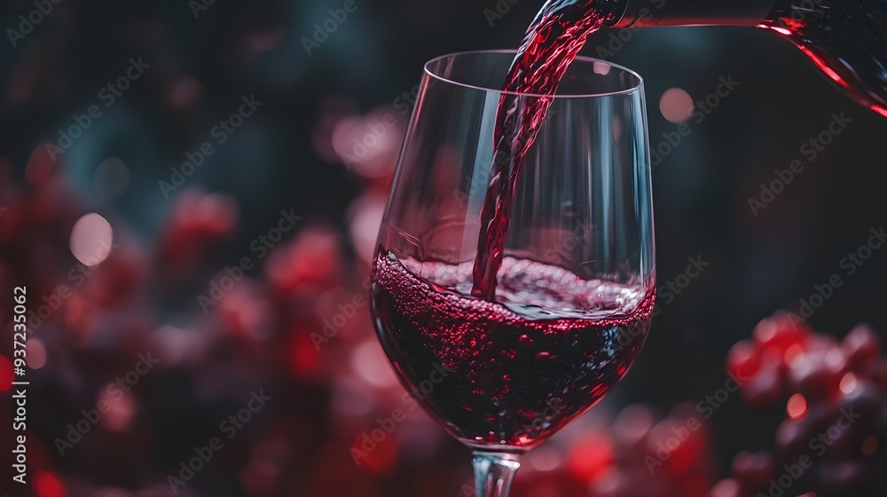 Poster elegant glass of red wine being poured from a tilted bottle with a blurred background creating ample