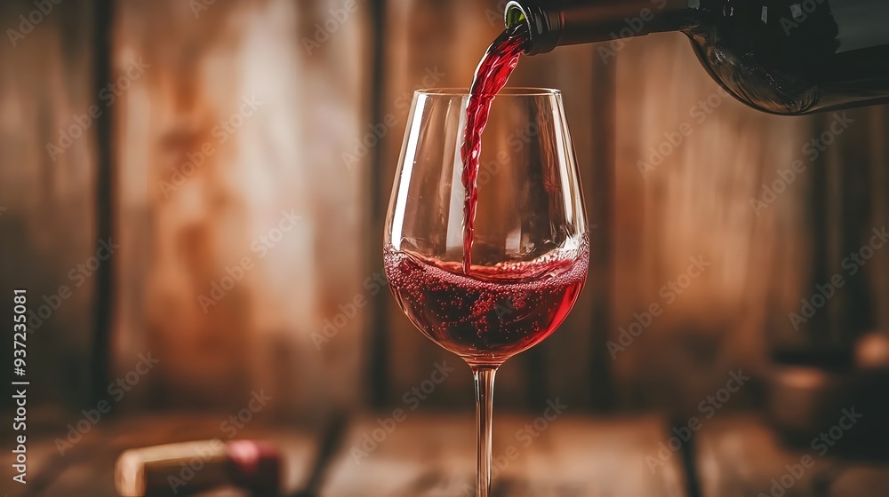 Poster elegant pouring of refined red wine into a crystal glass with the bottle slightly tilted in a blurre