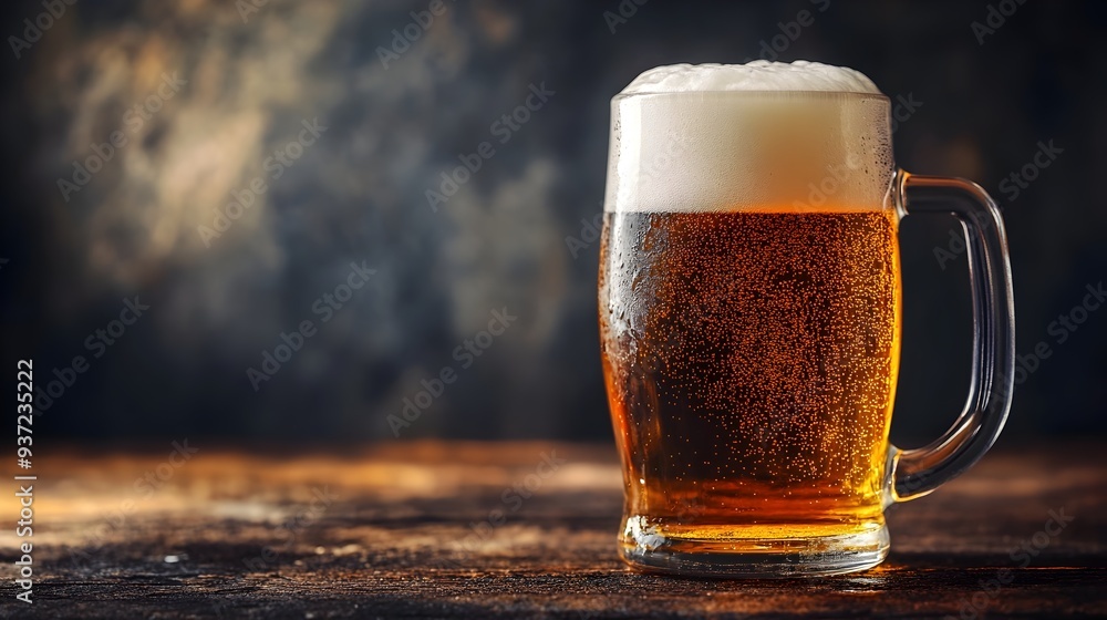 Poster chilled mug of golden foamy beer resting on a weathered wooden table creating a casual relaxed atmos