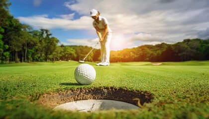 golf player putting golf ball into hole