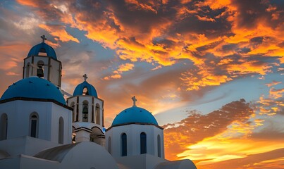 Beautiful view of Churches in Oia village, Santorini island in Greece at sunset, with dramatic sky. 