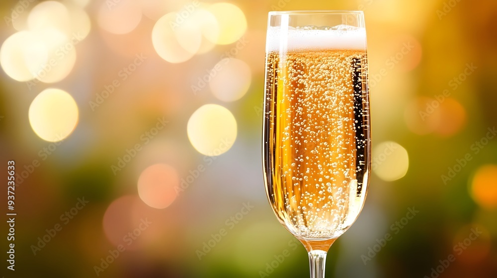 Poster Sparkling glass of champagne with rising bubbles set against a blurred festive background creating a celebratory and joyous atmosphere with room for text overlay
