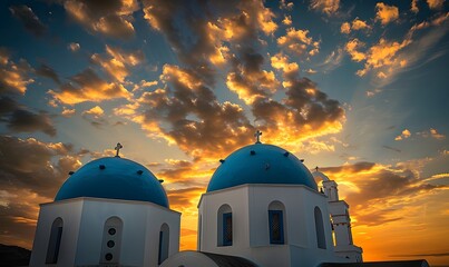 Beautiful view of Churches in Oia village, Santorini island in Greece at sunset, with dramatic sky. 