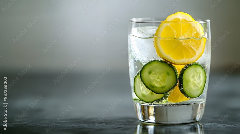 Poster refreshing and healthy fruit infused water with sliced lemon and cucumber in a clear glass on a clea