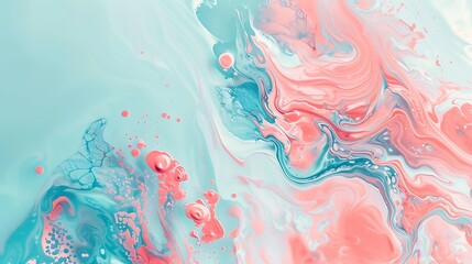 Pastel coral pink paint on soft pastel blue background, fluid abstract design with copy space
