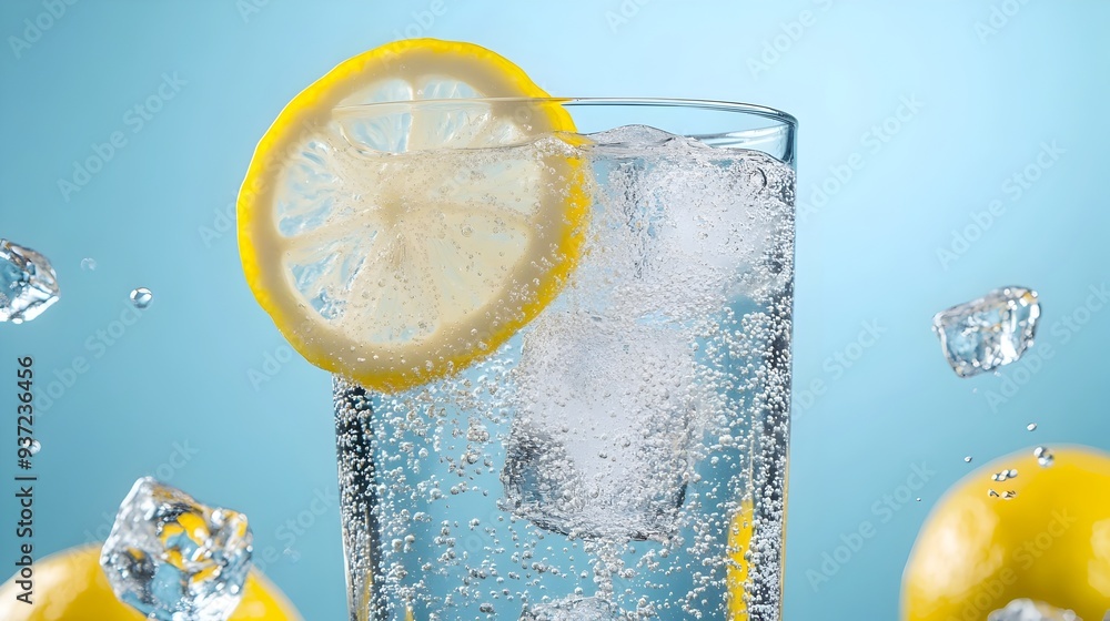 Poster closeup of a glass filled with clear sparkling water and fresh lemon slices with ice cubes providing