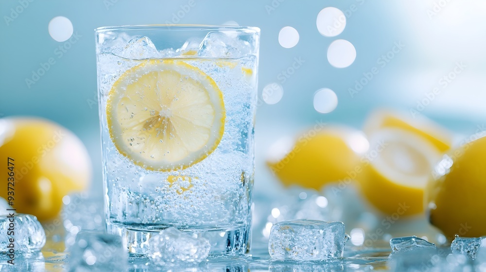 Aufkleber a transparent glass filled with cold sparkling water and lemon slices with ice cubes creating a refr