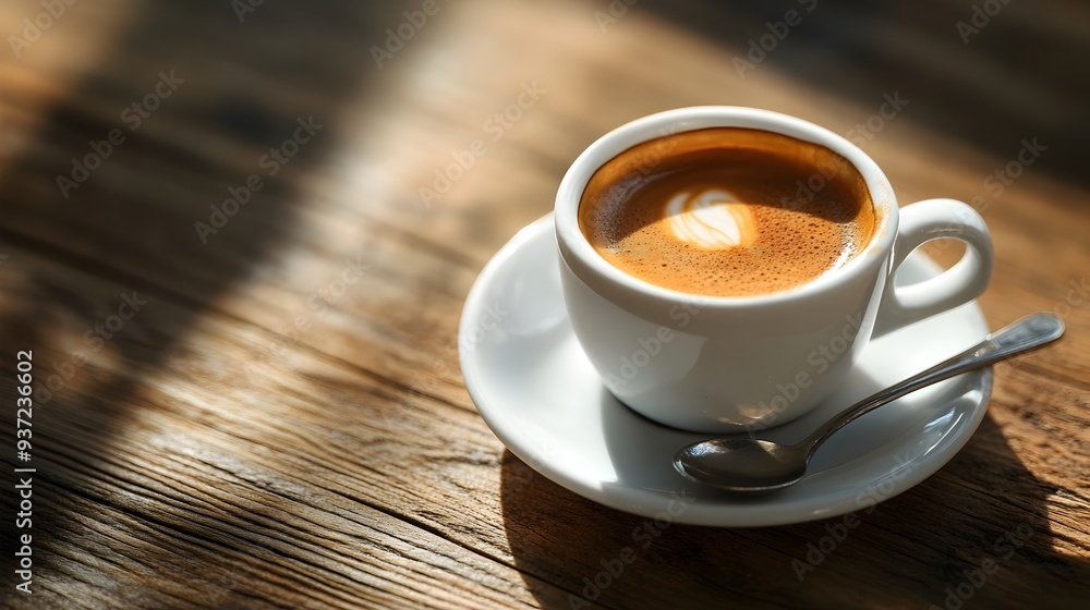 Poster freshly brewed espresso shot served in a small elegant cup with a matching saucer and spoon set agai