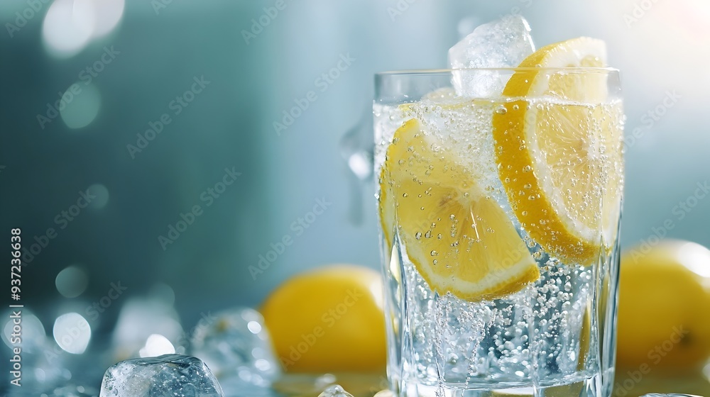 Poster a close up shot of a glass of sparkling water with fresh lemon slices and ice cubes set against a ne
