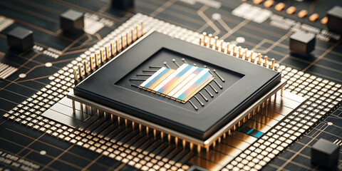 Photo Realistic as AI chip and financial report concept as An AI chip icon paired with a financial report representing the integration of AI hardware in financial data processing ideal for isolated ve