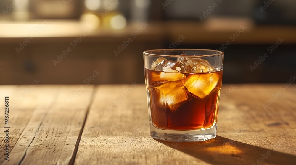 Poster close up of a refreshing cold brew coffee drink in a transparent glass with ice cubes placed on a mo