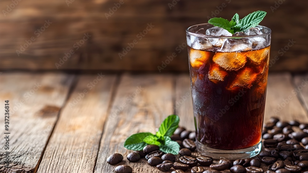 Poster refreshing cold brew coffee served in a glass over a rustic wooden table with ample empty space arou